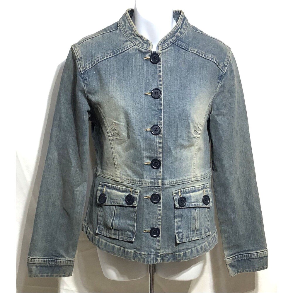 Union Bay Blue Jean Jacket L  Mock Collar Pockets Stretch Denim Grunge Trucker